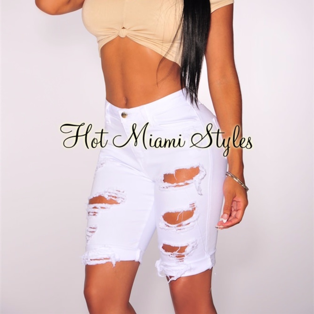 White Denim Destroyed Bermuda Shorts